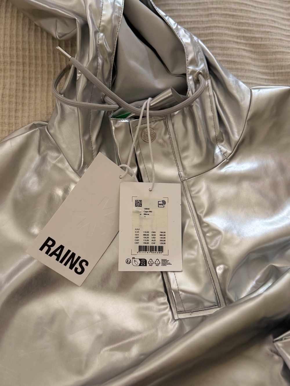 NWT Rains Metallic Silver Hooded Cape